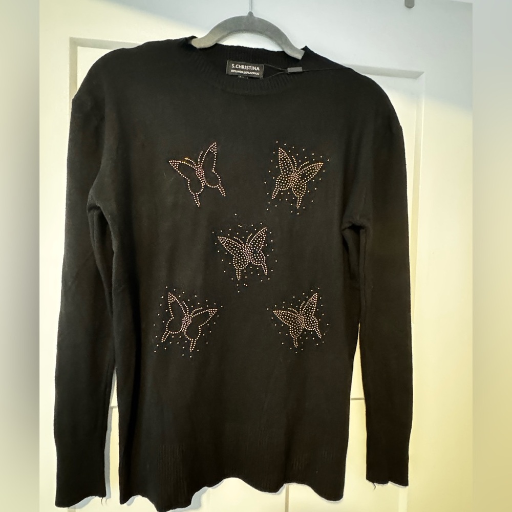 Wool Blend S. Christina Black Golden Butterfly Sweater S/M- NWT